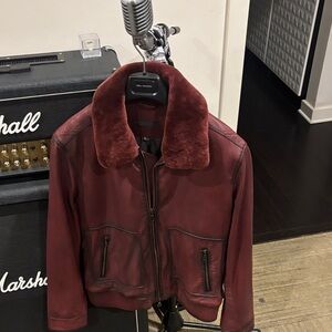 John Varvatos leather bomber with removable shearling collar.